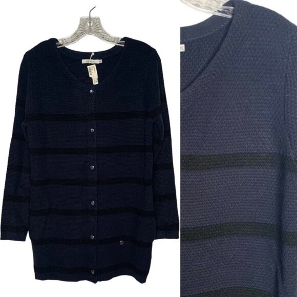 FRNCH Blue + Black Striped Snap Front Long-Sleeve Cardigan Sweater NWT Size M/L - Picture 1 of 8